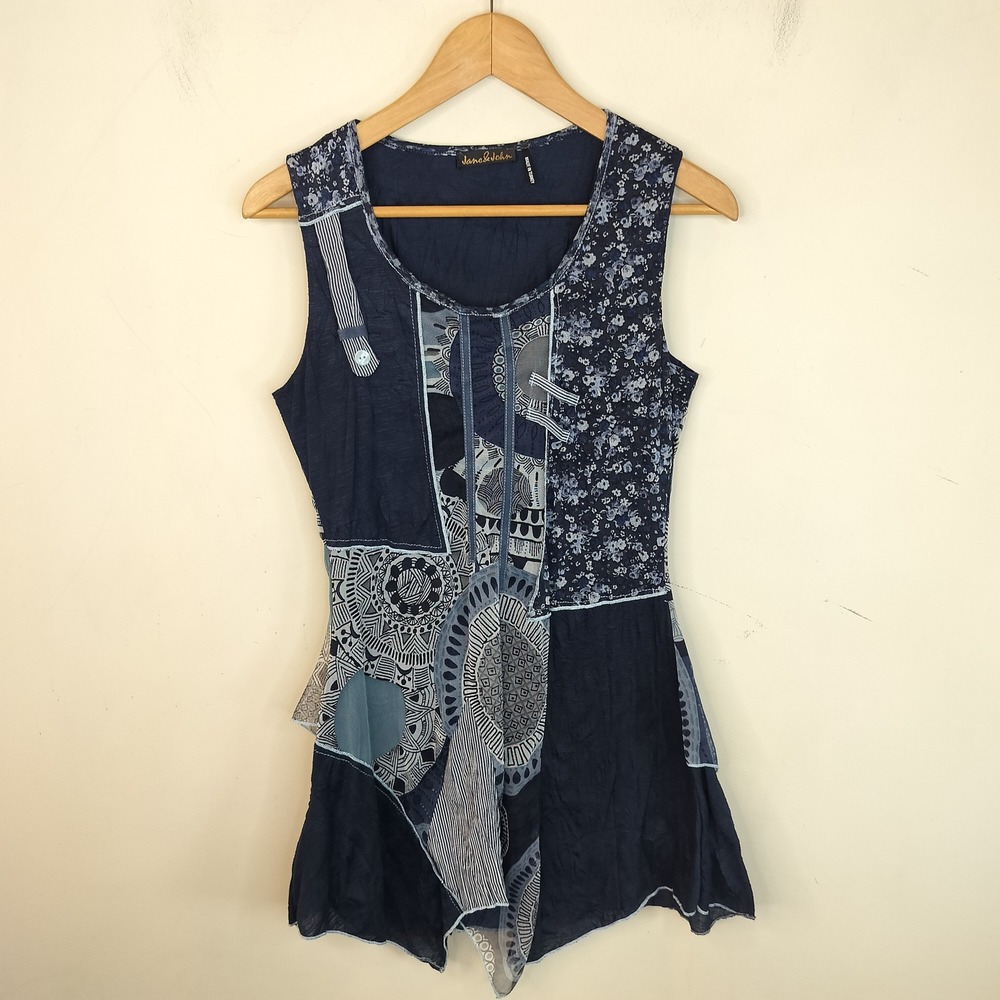 Jane & John Patchwork Tunic Womens Small Sleeveless Mixed Media Boho Navy